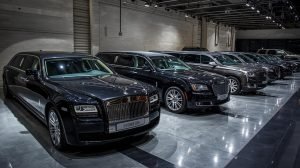 A row of black Rolls Royces displayed in a luxury showroom, showcasing options for Rolls Royce rental. 