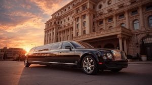 A black limousine parked in front of a building, indicating a limo rental service available nearby.