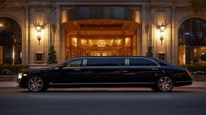 A black limousine parked outside a hotel, indicating a luxury limo rental service available for guests.