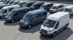  A fleet of Ford Transit vans parked together, showcasing options for Sprinter van rentals.