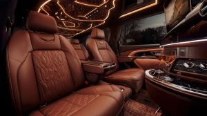 Interior of a luxury limo featuring plush leather seats and elegant design elements for a premium rental experience.