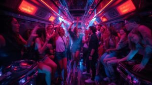 A group of people enjoying a ride on a bus illuminated by vibrant neon lights, showcasing a lively atmosphere. 